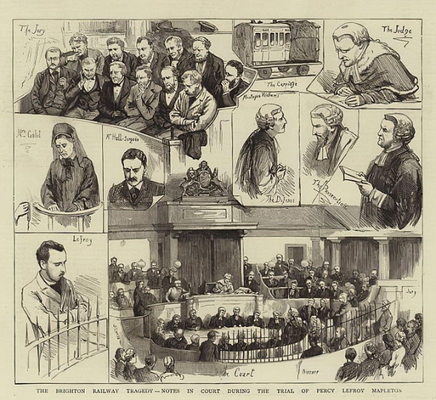 Schwarz-weißes Gerichtsszenario mit einer stehenden Person, die ein Buch hält, sitzenden Zuschauern und einem durch das Fenster sichtbaren Zug, betitelt mit "The Brighton Railway Tragedy - Notes in Court During the Trial of Percy Leffroy Mapleton."