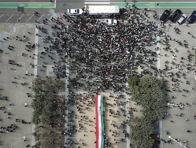 Eine Luftaufnahme einer gro├čen Gruppe von Menschen, die in einer Parkl├Ątze stehen, umgeben von B├Ąumen, Fahrzeugen, Masten und einer Flagge, die Flaggen halten und scheinbar an einer Demonstration teilnehmen.