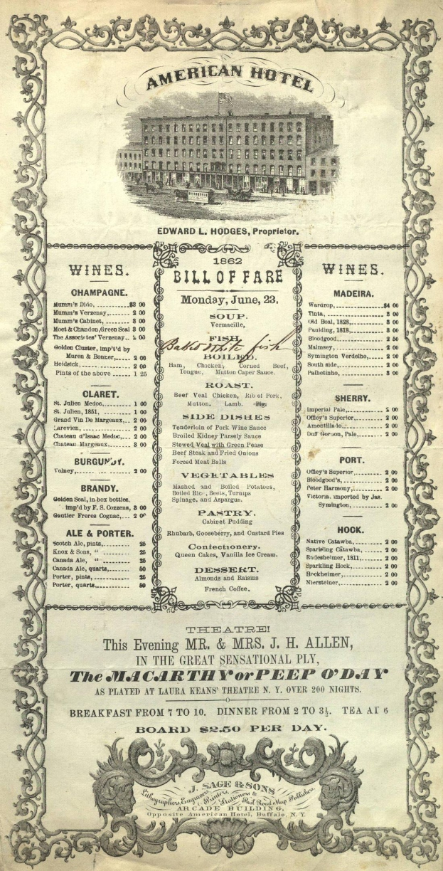 Altes Buch mit dem Titel "American Hotel Bill of Fare von 1862" mit einer Abbildung eines Gebäudes auf dem Cover, das detaillierte Texte zu den Restaurantangeboten enthält.