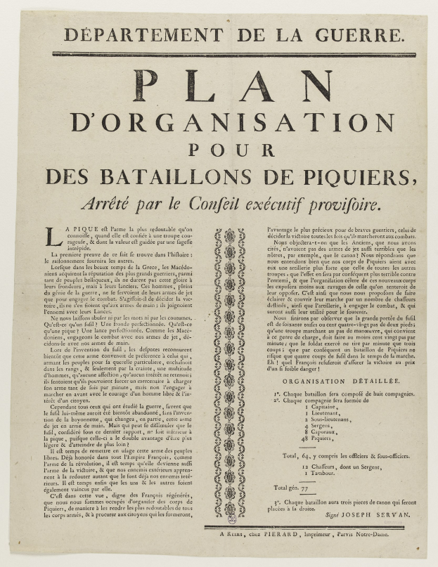 Papier mit handgeschriebenem französischem Text betitelt "Plan d'Organisation pour des Bataillons de Piquiers, Arrêté par le Conseil Executif Provifoire", das einen Plan zur Organisation von Pikemen-Bataillonen beschreibt.