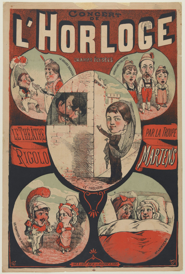 Plakat für ein Konzert im Chorloge-Theater in Paris mit einer Gruppe farbenfroher Kostüme umgeben von Text.