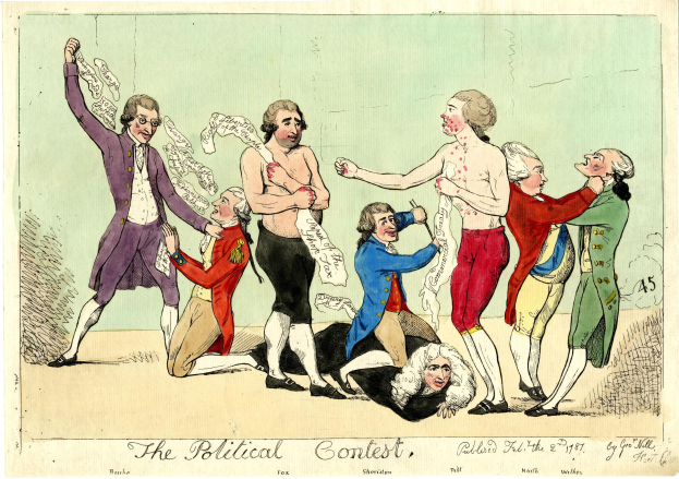 Politisches Cartoon namens 'Der politische Wettbewerb', das verschiedene Menschen in bunten Kleidern zeigt, wobei eine Person in der Mitte liegt.