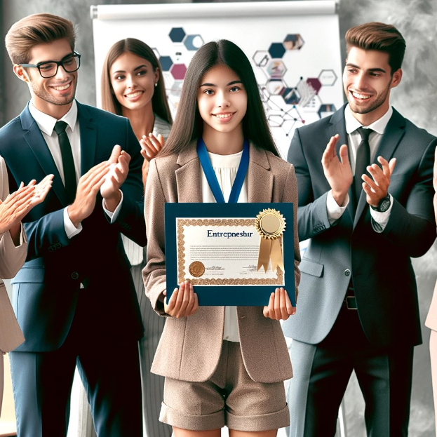 Eine Gruppe von Menschen in einem beruflichen Setting klatscht und feiert, während eine Frau in der Mitte ein Zertifikat hält und eine Medaille trägt, was unternehmerischen Erfolg anzeigt.