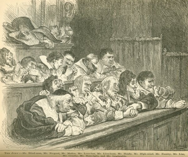 Schwarze und weiße Zeichnung einer Gruppe von Menschen, die in einem Gerichtssaal sitzen, mit einer Wand im Hintergrund, beschriftet mit 'Die Jury im Berufungsgericht' unten.