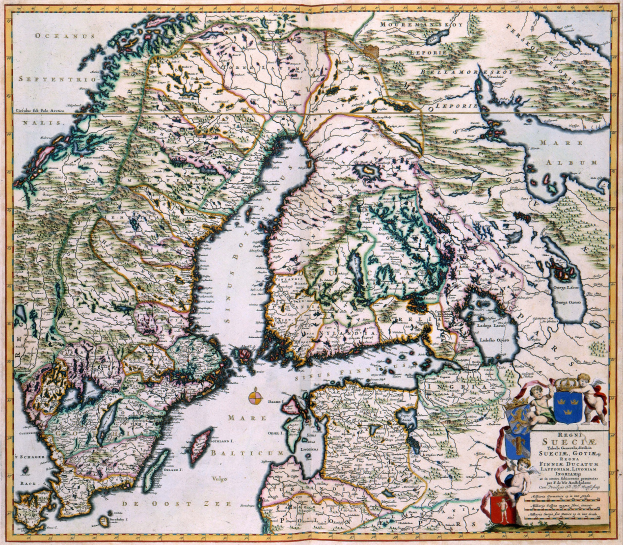 Ein 16. Jahrhundert-Kartenplakat von Skandinavien mit beschrifteten geographischen Merkmalen und einem dekorativen Rand.
