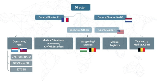 Diagramm der organisationalen Struktur der Europäischen Union mit Flaggen der Mitgliedsländer und beschrifteten Abteilungen und ihren Rollen.