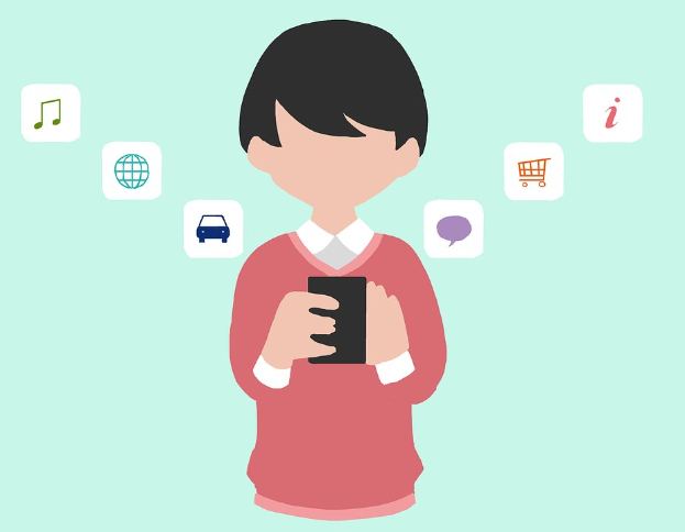 Animierter Mensch, der ein Smartphone hält, mit App-Icons, die symbolisch für die Nutzung von Online-Shopping-Apps stehen.