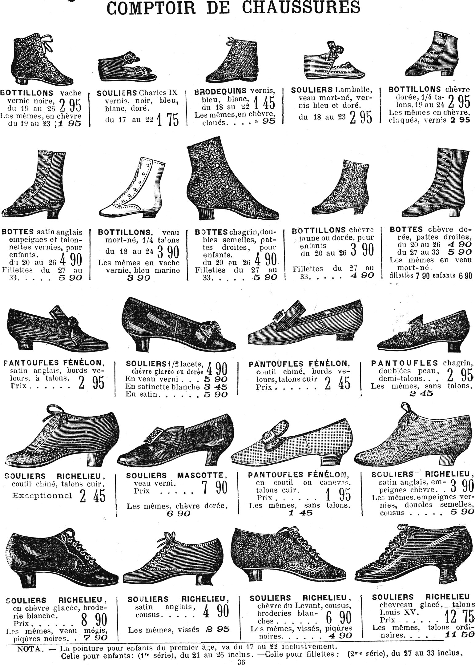 Eine Buchseite mit verschiedenen Frauenschuhen mit einzigartigen Designs, Mustern, Farben und Preisschildern, ordentlich mit detaillierten Informationen zu jedem Schuh angeordnet.