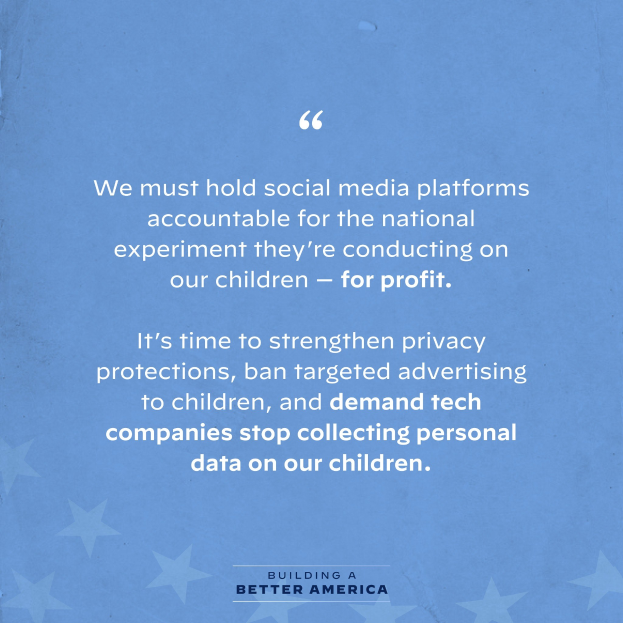Plakat mit einem Zitat aus Building a Better America, das besagt, dass soziale Medienplattformen für das Experimentieren an Kindern zum Profit zur Rechenschaft gezogen werden sollten, dekoriert mit Sternen.
