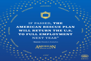 Ein blaues Plakat mit Text und Logo, auf dem steht: "Wenn das American Rescue Plan verabschiedet wird, wird die USA im nächsten Jahr wieder volle Beschäftigung erreichen."