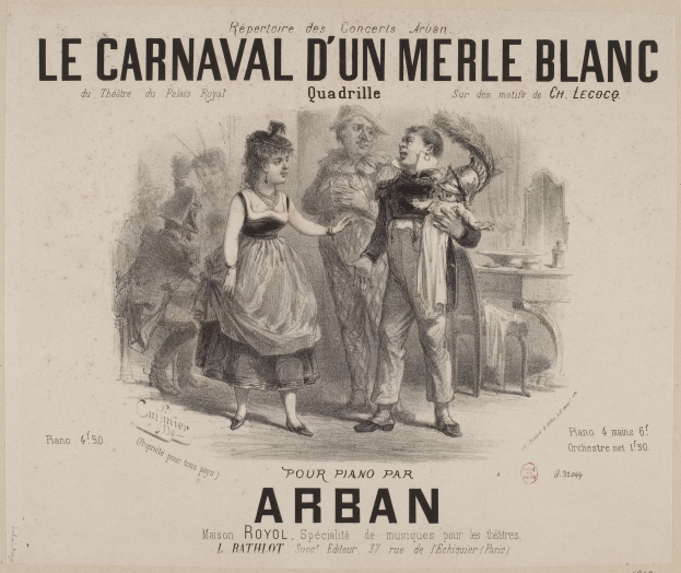 Ein Blatt mit einer Zeichnung eines Mannes und einer Frau in traditioneller Kleidung vor einer Karnevals Szenerie, betitelt mit "le carnaval d'un merle blanc."