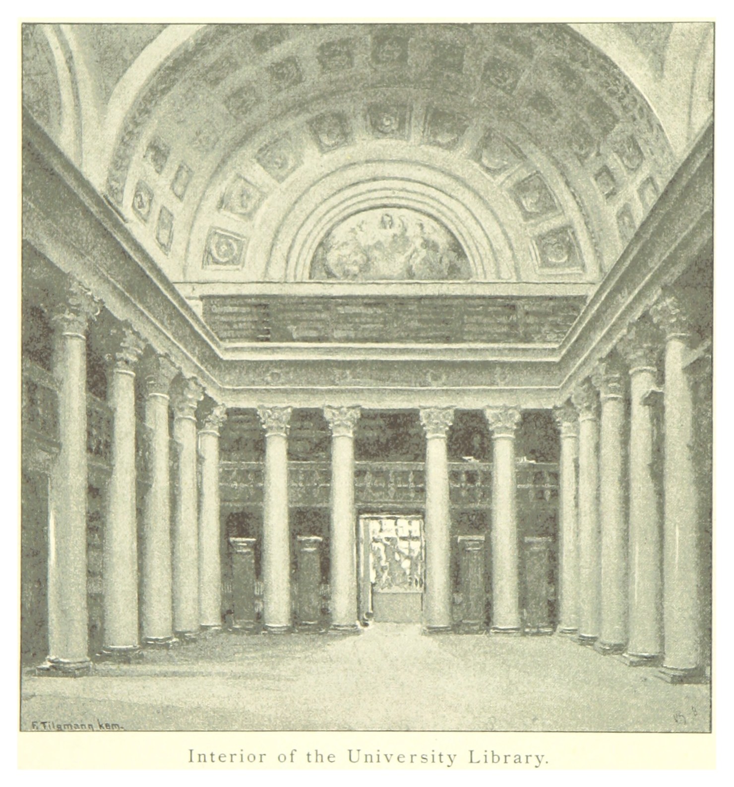 Großartiger Innenraum einer Universitätsbibliothek mit hohen Säulen und kunstvollen Deckenentwürfen, mit Text am unteren Rand, der das Ästhetische ergänzt.