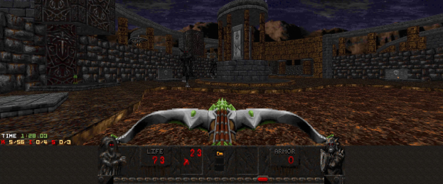 Ein Dungeon in *Dungeon Master II* mit einem Drachen in der Mitte, umgeben von Wänden, Säulen und anderen Gegenständen, mit spielbezogenen Texten und Zahlen unten.