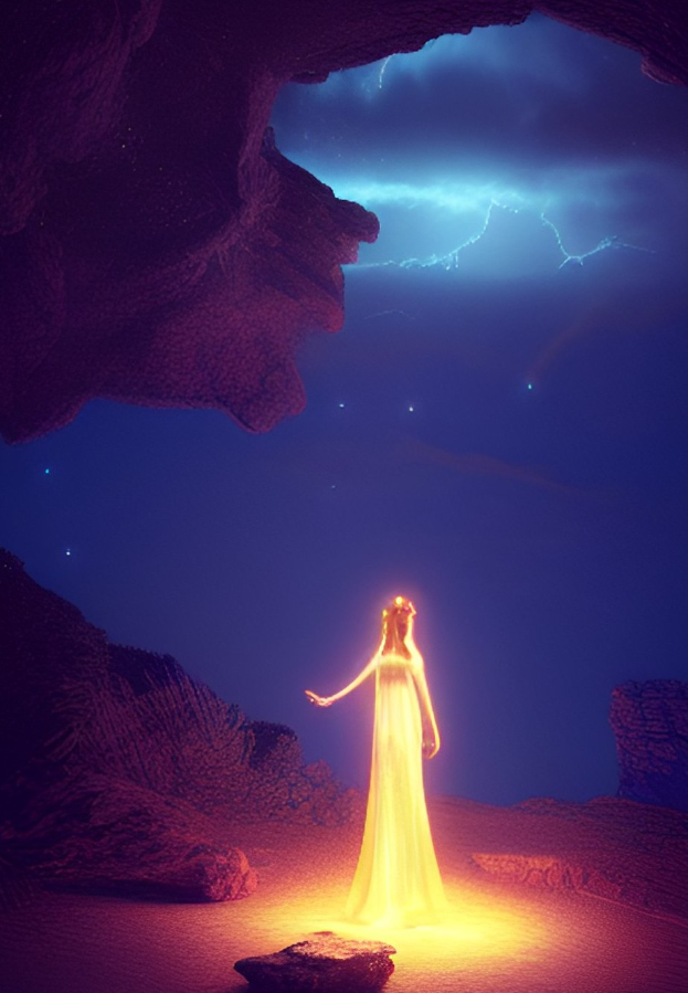 Eine Frau in einem gelben Kleid steht in einer Höhle umgeben von Felsen, beleuchtet von einem hellen Licht, mit einem sternenklaren Himmel und einem Gewitter im Hintergrund.