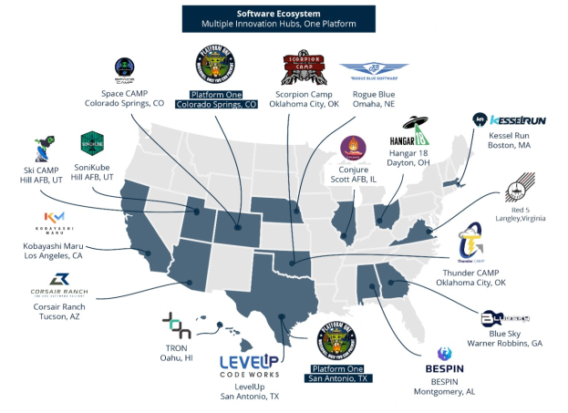 Karte der Vereinigten Staaten mit Unternehmenslogos, die Standorte des Software-├Ąkosystems markieren und beschreibenden Text.