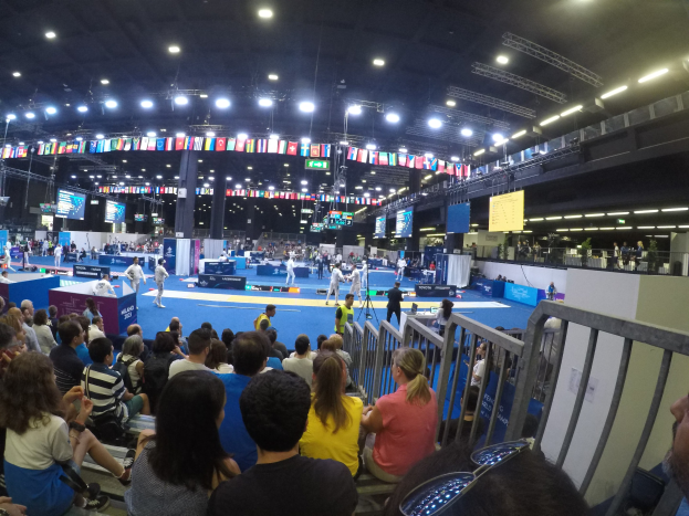 Eine große Menge Sitz- und Stehplätze in einer Indoor-Sportarena mit Bildschirmen, Fahnen und Deckenleuchten im Hintergrund.