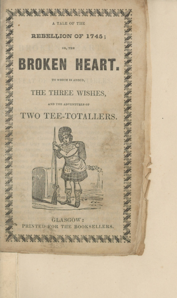 Offenes Buchcover mit einer Person in einem langen Mantel und Hut, die ein gebrochenes Herz hält, mit der Überschrift "Die drei Wünsche, die beiden Abstinenzler" darunter.