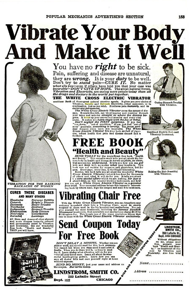 Ein Plakat mit einer Frau in einem weißen Kleid mit einem gemusterten Schultertuch, die Arme verschränkt und den Kopf hoch erhoben, mit fetter schwarzer Schrift, die 'Erschüttere deinen Körper und mache ihn gesund.' lautet.