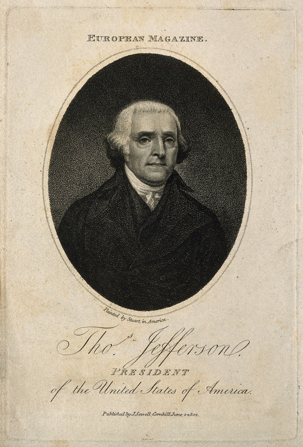 Porträt von Thomas Jefferson, Präsident der Vereinigten Staaten, auf dem Cover des European Magazine, in Schwarzanzug und weißem Hemd mit ernstem Gesichtsausdruck und zurückgekämmten Haaren.