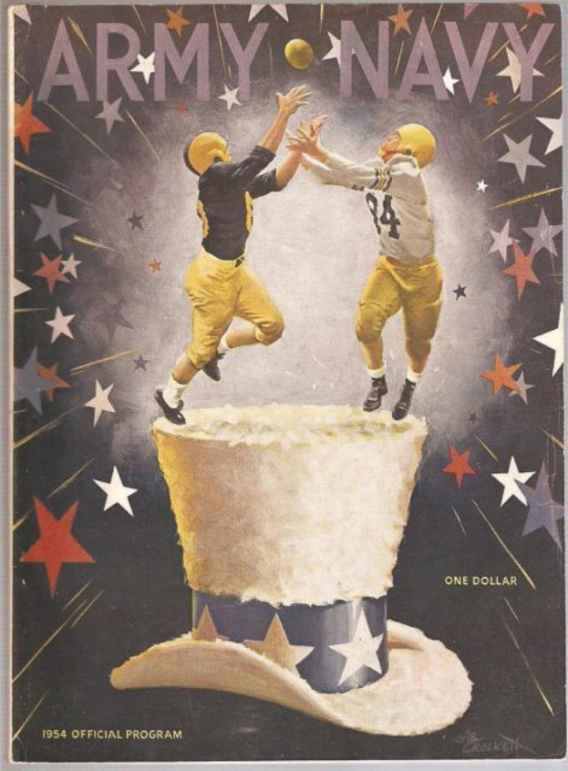 Plakat mit zwei Footballspielern in gelben Uniformen und Helmen, die einen Ball fangen, mit einem sternenklaren Hintergrund und der Aufschrift "1954 Army Navy Football Program" oben.