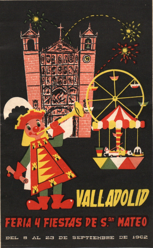 Buntes Karnevalsposter in Valladolid, Spanien, mit einem Gebäude, Riesenrad, Spielzeug und festlichem Text.