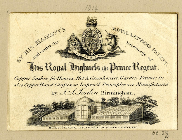Alte Visitenkarte mit 'The Royal Highmills of the Prince Regent' und einem Bild eines Gebäudes und Bäumen.