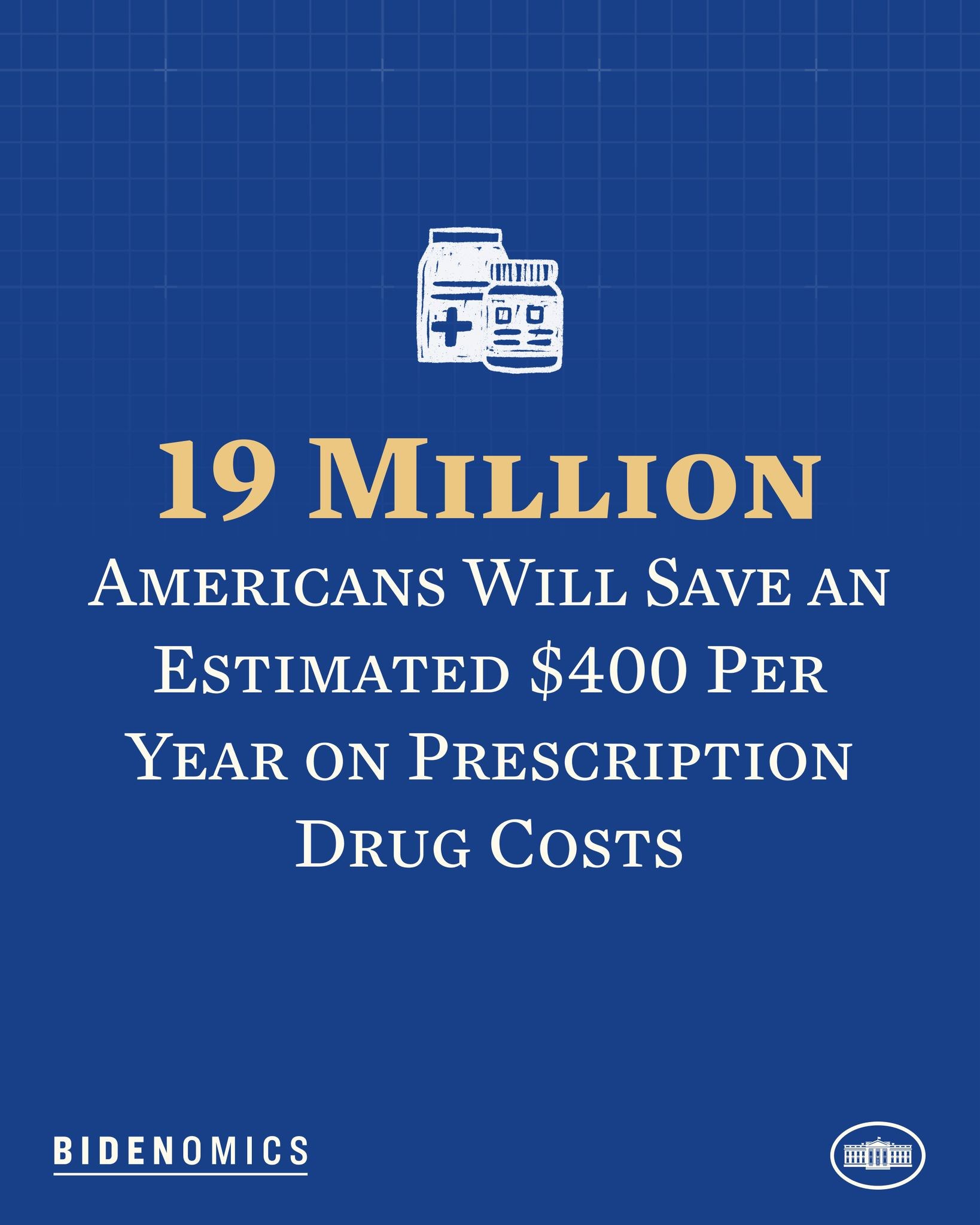 Blauer Hintergrund mit weißem Text und Logo, das besagt: "19 Millionen Amerikaner werden geschätzte 400 USD pro Jahr an Arzneikosten sparen."