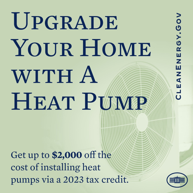Plakat zur Ankündigung von Heizpumpen-Upgrades mit einem Bild einer Heizpumpe und dem Text "Upgrade Your Home with a Heat Pump."