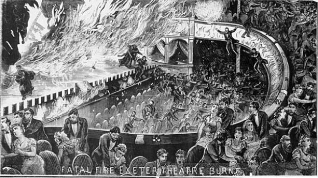 Schwarze und weiße Illustration einer panischen Menge in einem brennenden Theater mit der Unterschrift "Tödlicher Brand Exeter Theatre Burn" unten.