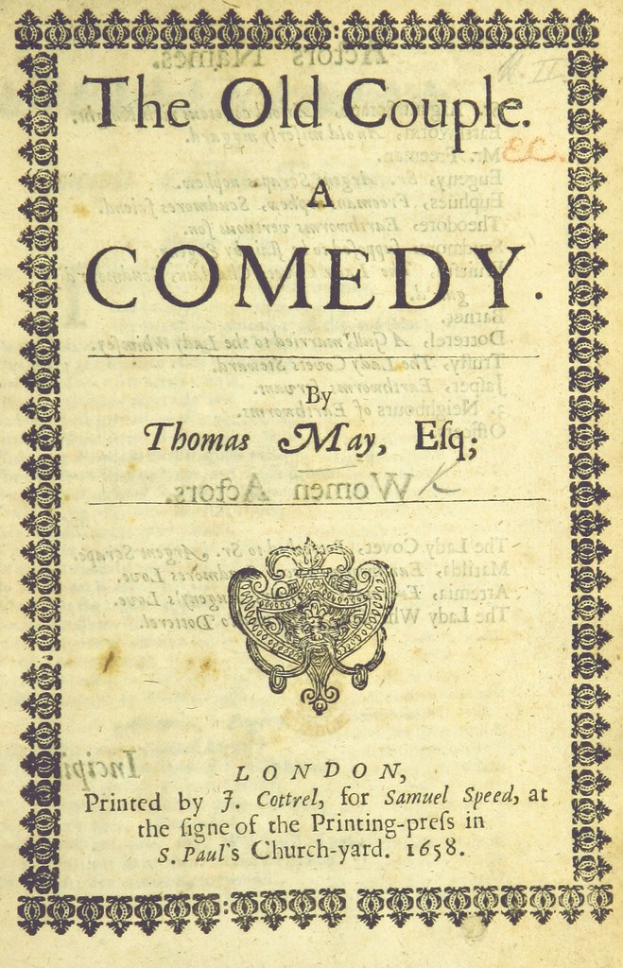 Cover eines alten Buches mit dem Titel "The Old Couple: A Comedy" mit einem Logo auf dem Cover.