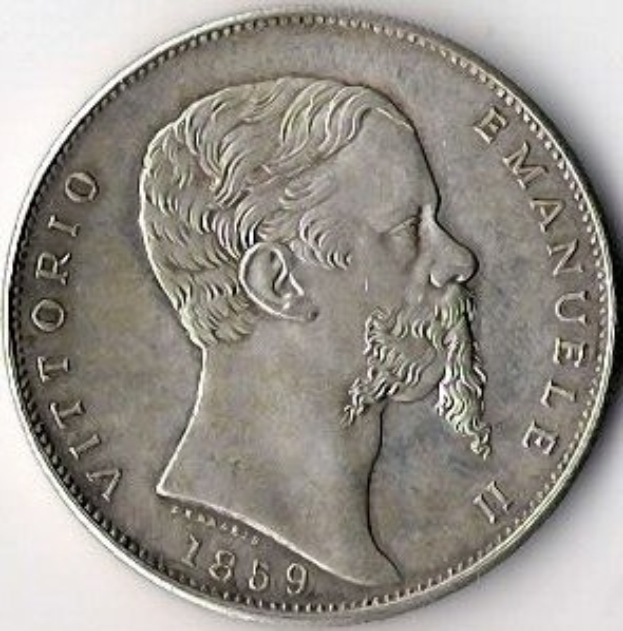 Eine Silbermünze aus Italien aus dem Jahr 1859 mit dem Bild eines bärtigen Mannes, auf einem weißen Hintergrund mit der Inschrift "Vittorio Emanuele II".