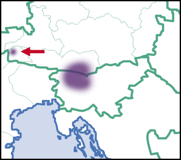Eine animierte Deutschlandkarte mit einem roten Pfeil, der auf einen violetten Punkt zeigt.