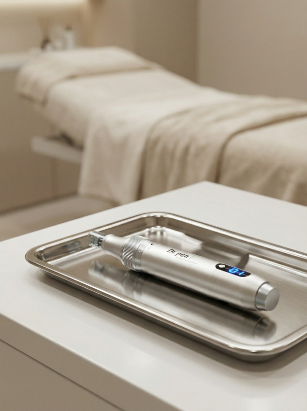 Ein steriles Microneedling-Instrument auf einem Tablett in einem modernen Kosmetikstudio.