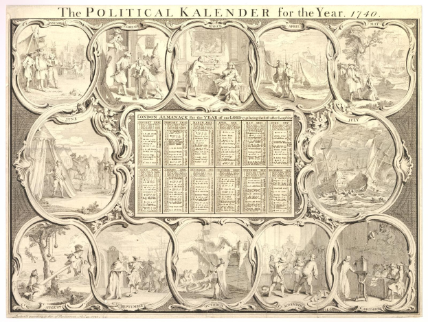 Politischer Kalender für 1740, unterteilt in Monate mit fetter Schrift und Bilder von verschiedenen Menschen, die politische Ereignisse darstellen.