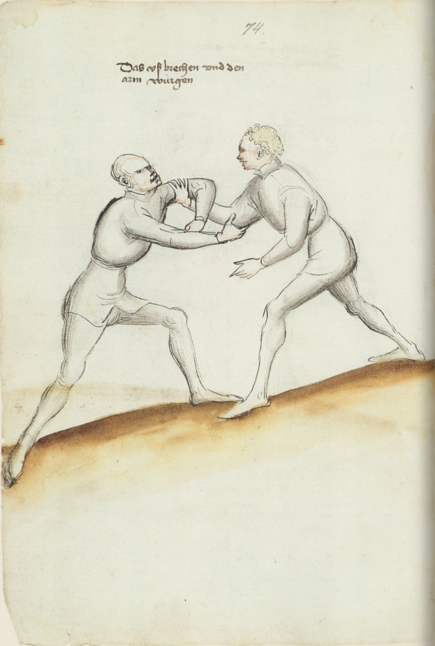 Zwei Männer in tätlichem Streit, einer schlägt nach dem anderen und steht auf einem Papier mit Text.