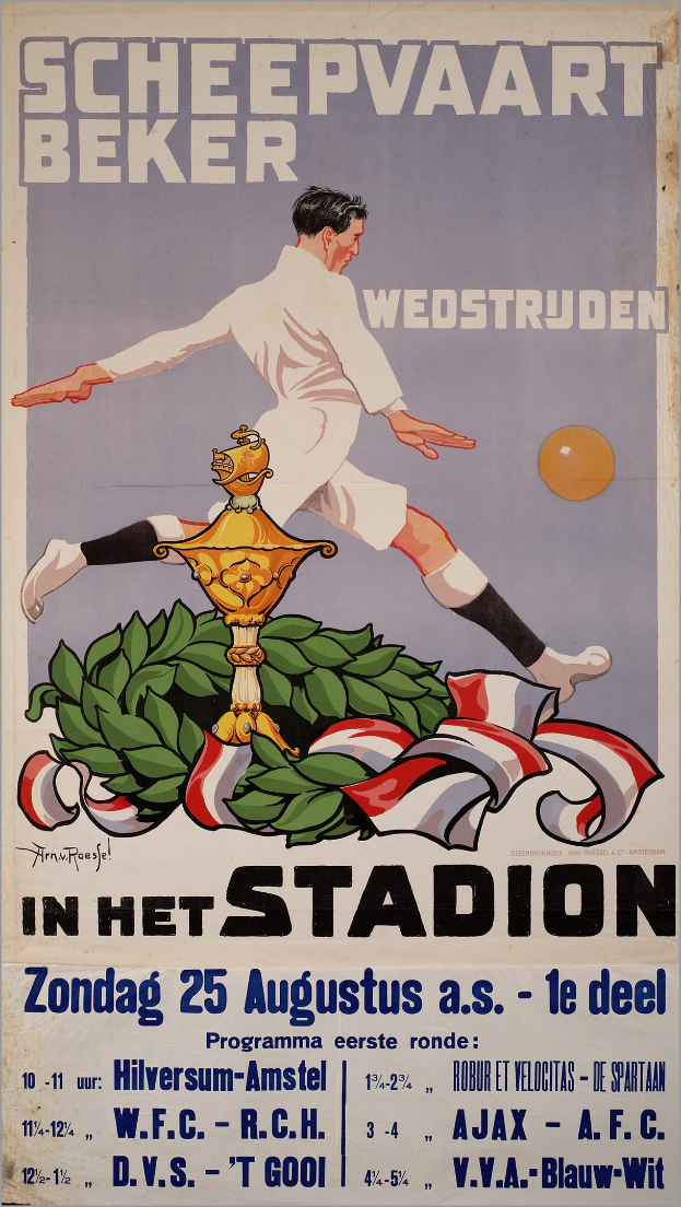Ein Fußballplakat in den Niederlanden mit einer Person in weißem Trikot und Shorts mit entschlossener Miene, umgeben von grünen und gelben Blättern vor einem hellblauen Himmel, mit fetter schwarzer Schrift, die "Fußball" lautet.