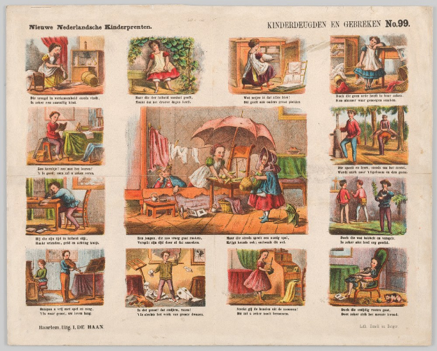 Ein abgenutztes Buch mit illustrierten Szenen von Kindern, die im sonnigen Garten spielen