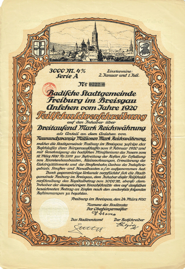 Ein altes deutsches Aktienzertifikat mit einer Illustration einer Stadt und einem Text über seinen Ursprung.