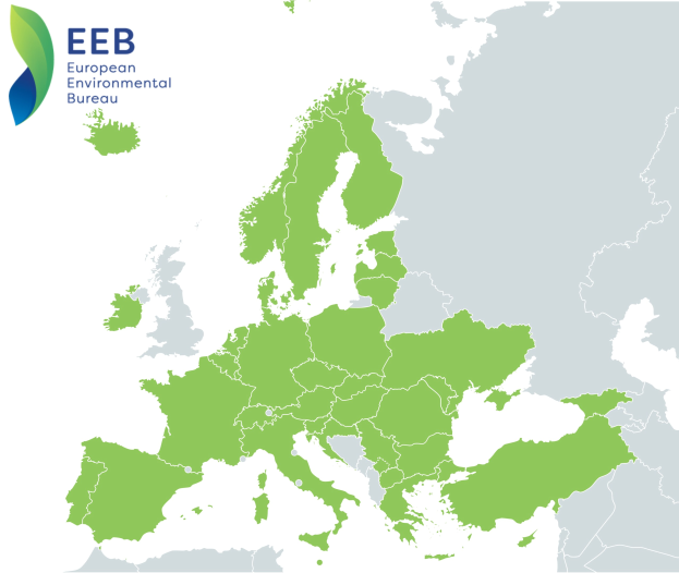 Eine Europakarte mit dem Logo des Europäischen Umweltbüros in der linken oberen Ecke, schattiert in verschiedenen Grüntönen, um EU-Regionen anzuzeigen.
