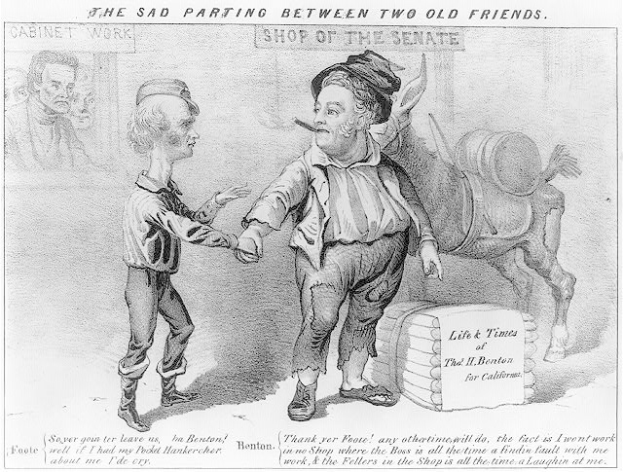 Schwarz-weißer Cartoon von zwei alten Figuren, die sich an den Händen halten, mit der Überschrift "Der traurige Abschied von zwei alten Freunden."