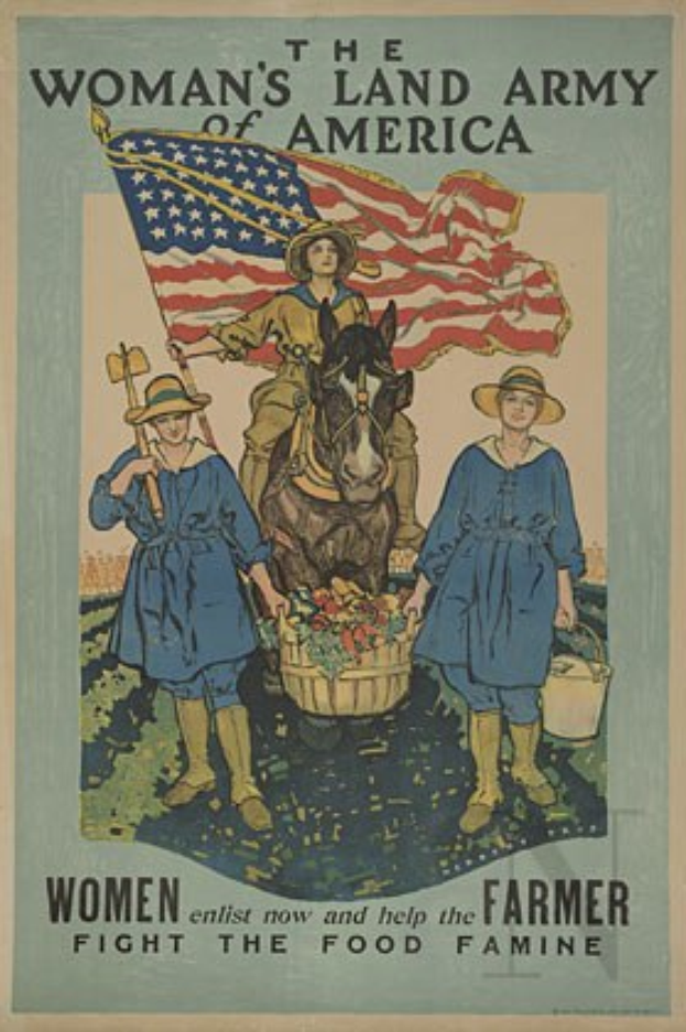 Ein Plakat, das eine Frau auf einem Pferd zeigt, die eine Fahne hält, mit zwei Frauen davor, die jeweils einen Korb mit Lebensmitteln halten und für die Frauenlandarmee kämpfen.