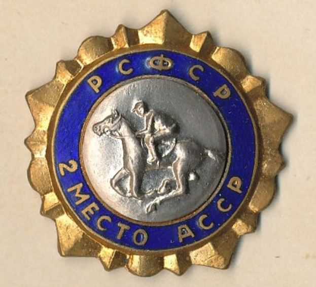 Ein goldblaues rundes Abzeichen mit einem Pferd und Reiter in der Mitte und Text rundherum.