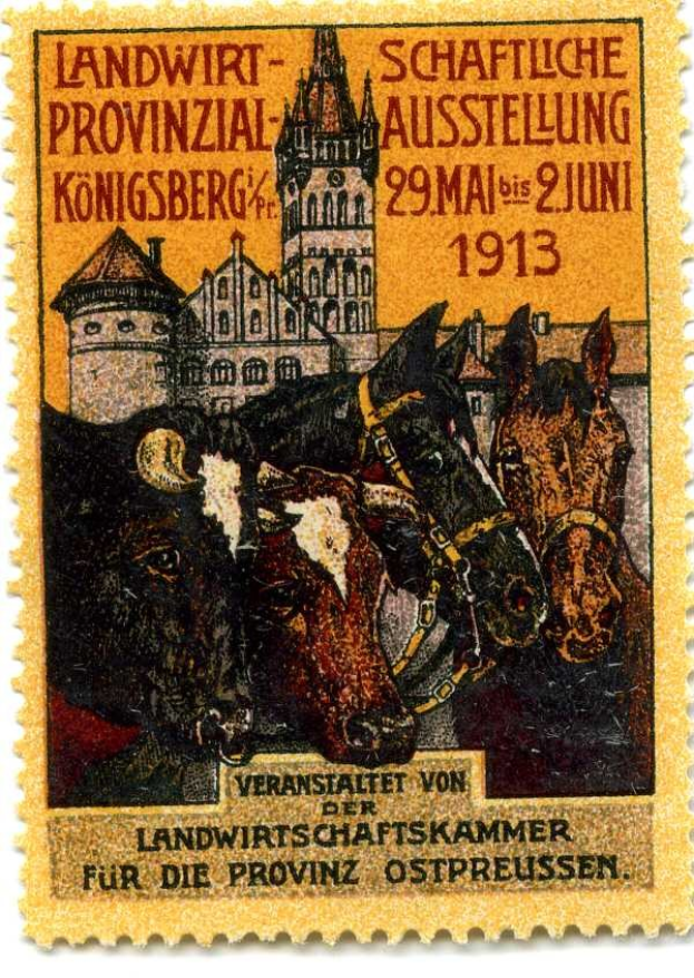 Deutscher Briefmarkenaufkleber aus etwa 1913 mit drei Kühen und einem Schloss, mit der Aufschrift "Landwirtschaftskammer."