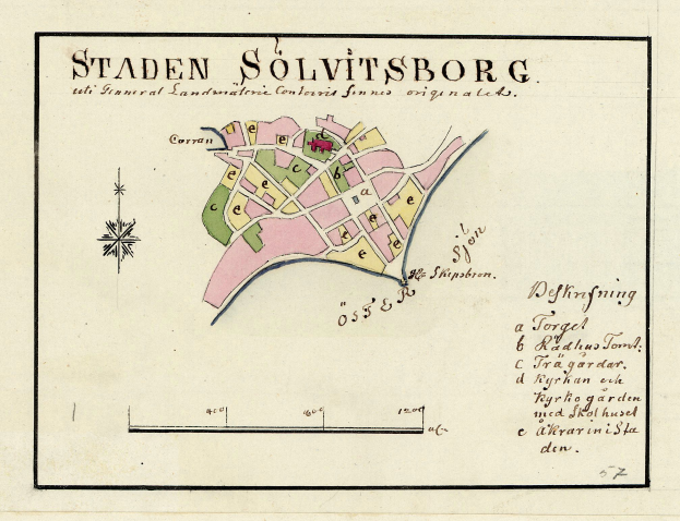 Detailierte Karte von Staden Solvitsborg, Schweden, mit Straßen, Gebäuden und Landmarken auf Papier.