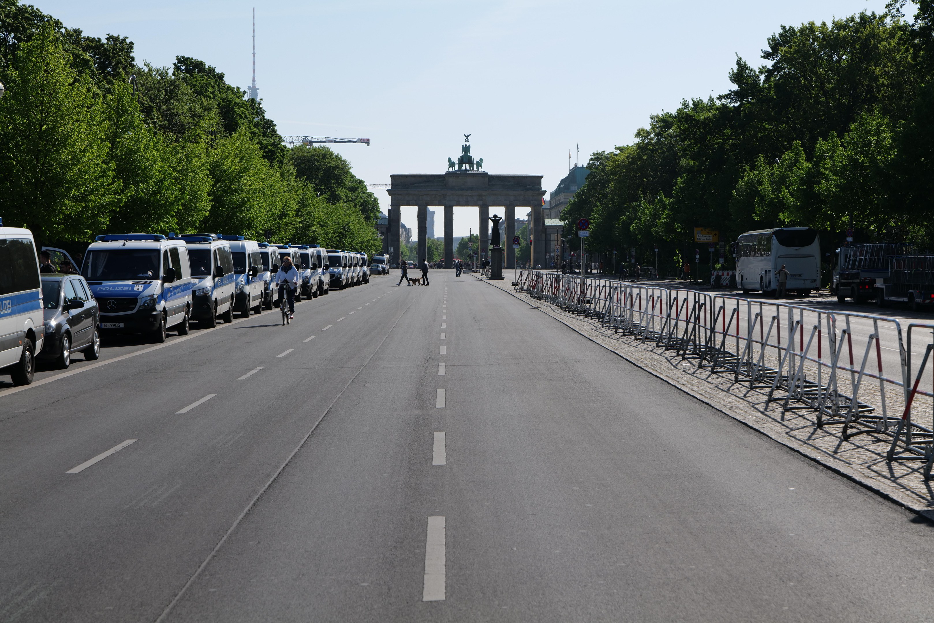 Lange Reihe von Polizeiwagen am Straßenrand vor dem Brandenburger Tor in Berlin, Deutschland, mit Menschen auf Fahrrädern und auf der Straße stehend, Barrieren, Bäumen, einem Bogen mit Statuen im Hintergrund und sichtbarem Himmel.