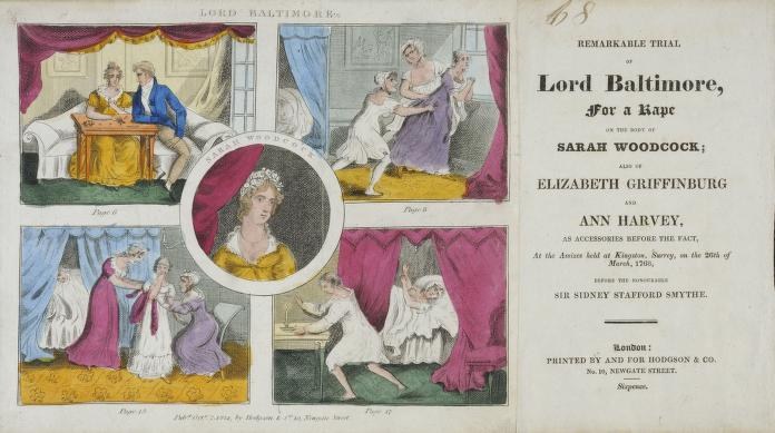 Ein historisches Dokumentenbild, das eine Verhandlungsszene mit Porträts von Menschen, drapierten Vorhängen und handgeschriebenem Text zeigt.