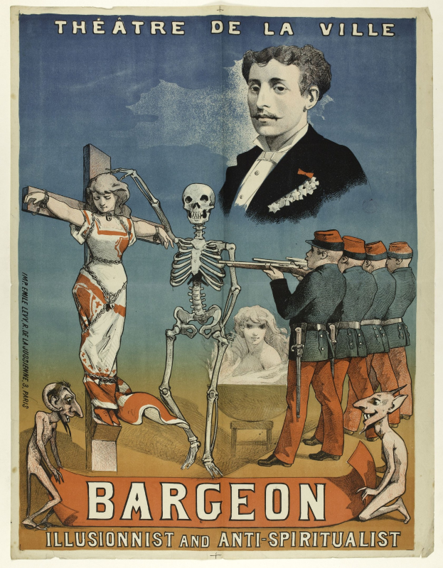 Plakat für das Théâtre de la Ville in Paris mit einer Gruppe verzweifelter Menschen, einem zentralen Skelett mit ausgestreckten Armen und der Aufschrift "Bargeon Illusionist und Anti-Spiritualist."