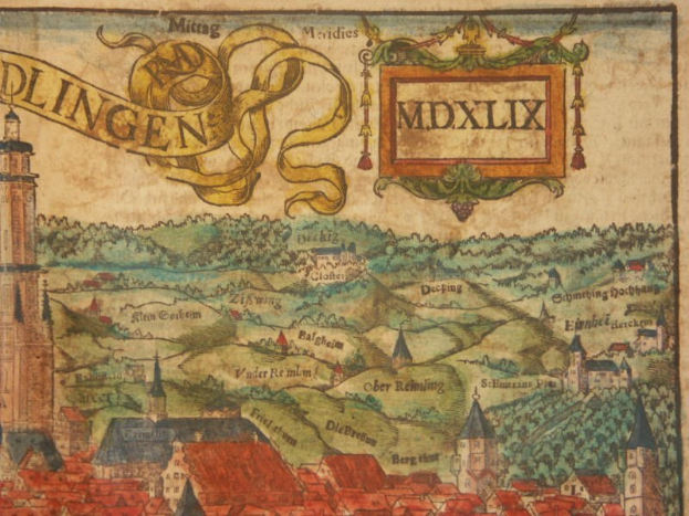 Alte detaillierte Karte von Dlingen, Deutschland, zeigt Gebäude, Bäume und dekorativen Text auf altem Papier mit umliegenden Städten und Landschaft.