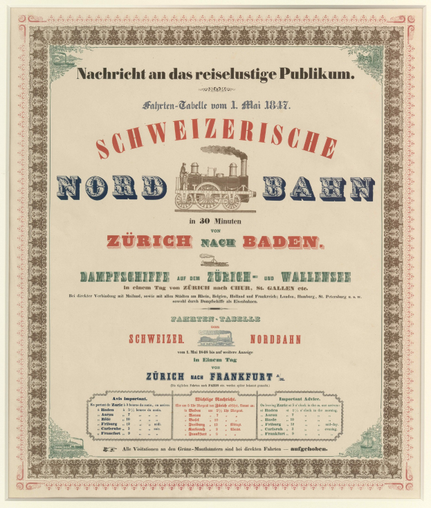 Plakat mit einem Zug in der Mitte, mit "Schweizerische Nordbahn in Baden, Deutschland" in fetter schwarzer Schrift auf einem hellgelben Hintergrund mit einem schwarz-weißen Karomuster und dekorativem Rahmen.