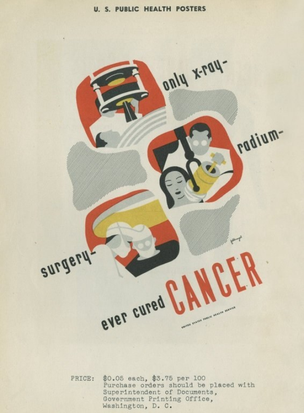 Ein Plakat mit einem Mann in einem weißen Kittel und Stethoskop, der entschlossen aussieht, vor einem hellrosa Hintergrund mit großer weißer Schrift, die "Chirurgie Heilt Krebs" liest.